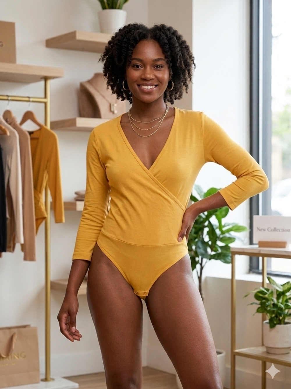 Mustard Yellow Wrap Front Bodysuit - Women